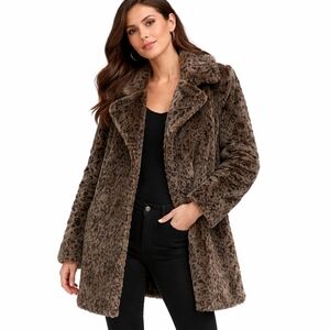 Yest Leopard Print Faux Fur Coat Size 14 Brown Black Teddy Winter Jacket